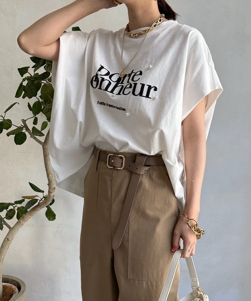 DouDou（ドゥドゥ）の「porte発砲プリントロゴパールTEE（Tシャツ/カットソー・レディース・チャコールグレー/オフホワイト/ピンク/グレイッシュベージュ・FREE）」の21枚目の写真