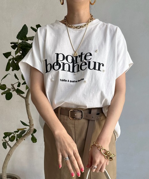 DouDou（ドゥドゥ）の「porte発砲プリントロゴパールTEE（Tシャツ/カットソー・レディース・チャコールグレー/オフホワイト/ピンク/グレイッシュベージュ・FREE）」の10枚目の写真