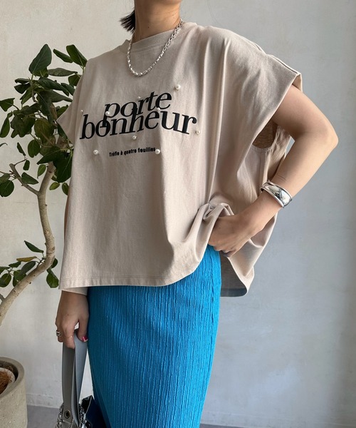 DouDou（ドゥドゥ）の「porte発砲プリントロゴパールTEE（Tシャツ/カットソー・レディース・チャコールグレー/オフホワイト/ピンク/グレイッシュベージュ・FREE）」の11枚目の写真