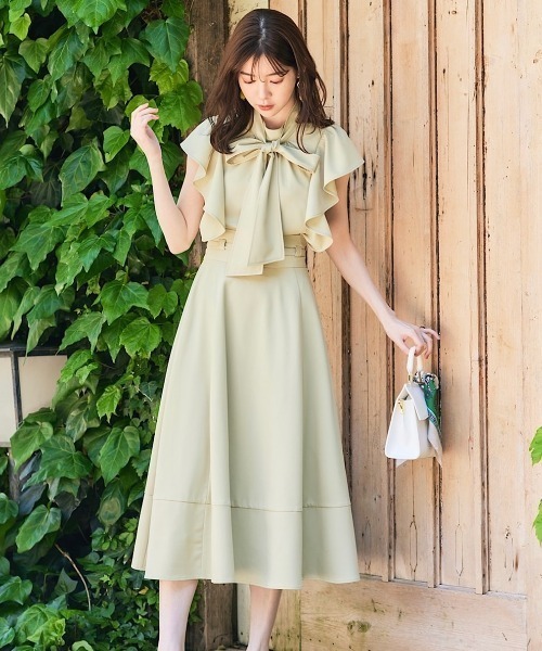 細ベルト麻調切替フレアスカート