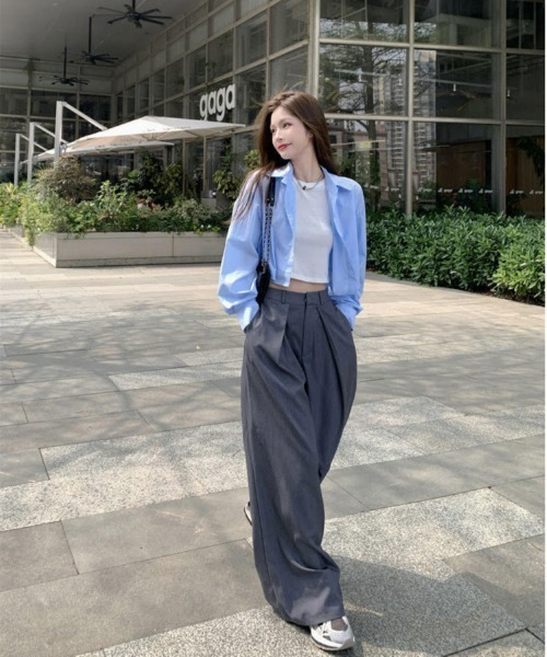 【美品】リヴドロワ　ストライプ　クロップドシャツ　カットオフ　長袖　ブルー 美品】リヴドロワ ストライプ クロップドシャツ カットオフ 長袖