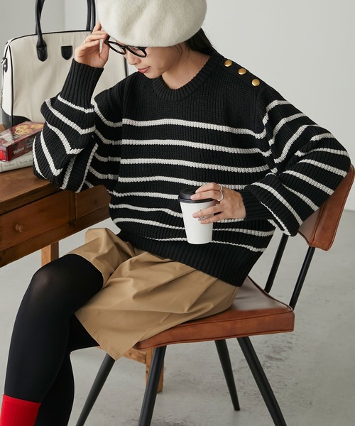 ボリュームスリーブ バスクボーダーニットプルオーバー（ニット