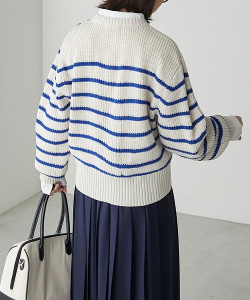 BONLECILL（ボンルシール）の「ボリュームスリーブ バスクボーダーニットプルオーバー（ニット/セーター・レディース・ブラック系1/アイボリー系1/ホワイト系2/ホワイト系1・FREE）」の14枚目の写真