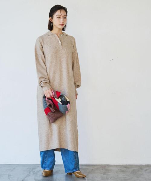 coen（コーエン）の「ポロニットワンピース（ワンピース・レディース・ベージュ/ダークグレー/ブラック・FREE）」の4枚目の写真