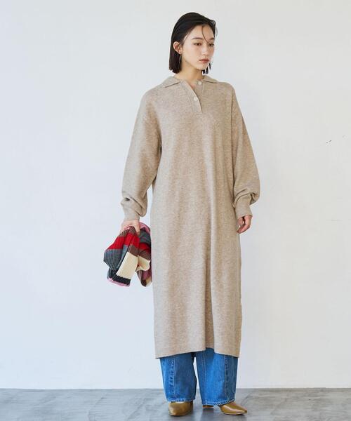 coen（コーエン）の「ポロニットワンピース（ワンピース・レディース・ベージュ/ダークグレー/ブラック・FREE）」の5枚目の写真