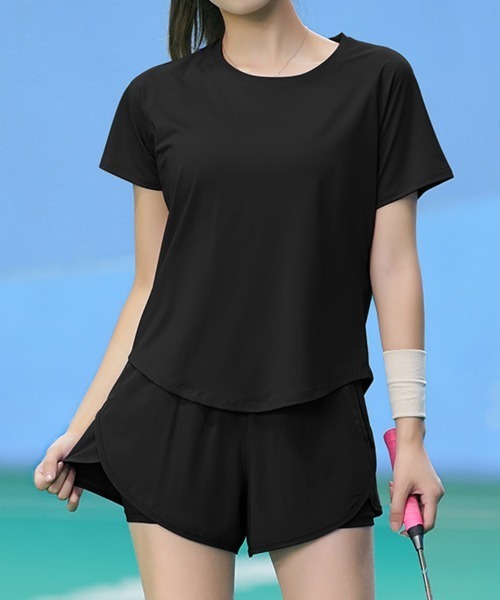 SAISON DE PAPILLON(セゾンドパピヨン)の「メッシュ切替前後丈差Tシャツドライシャツ(Tシャツ/カットソー・レディース・ブルー/パープル/グリーン/ブラック・M/XL/L)」の2枚目の写真