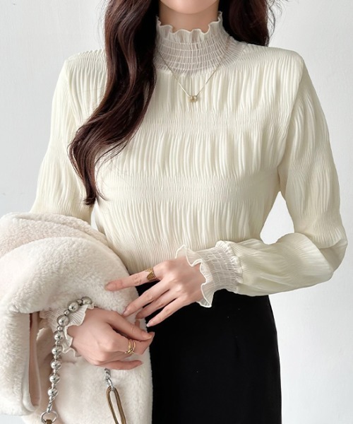 セール】【新色登場】 裏起毛 シャーリングブラウス フリル ハイネック