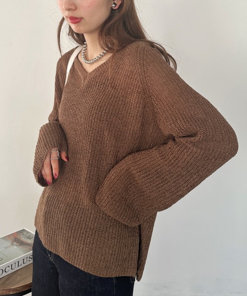 un+frame(アンフレーム)の「vneck knits tops/Vネッククロシェニットトップス(Tシャツ/カットソー・レディース・アイボリー/ホワイト/ブラウン・FREE)」の3枚目の写真