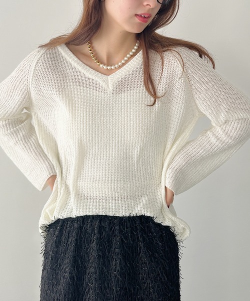 un+frame(アンフレーム)の「vneck knits tops/Vネッククロシェニットトップス(Tシャツ/カットソー・レディース・アイボリー/ホワイト/ブラウン・FREE)」の1枚目の写真