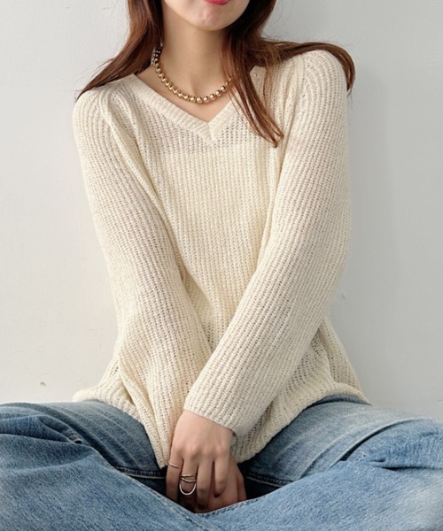 un+frame(アンフレーム)の「vneck knits tops/Vネッククロシェニットトップス(Tシャツ/カットソー・レディース・アイボリー/ホワイト/ブラウン・FREE)」の2枚目の写真