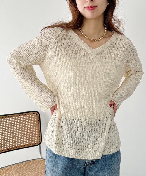 un+frame(アンフレーム)の「vneck knits tops/Vネッククロシェニットトップス(Tシャツ/カットソー・レディース・アイボリー/ホワイト/ブラウン・FREE)」の14枚目の写真