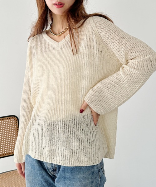 un+frame(アンフレーム)の「vneck knits tops/Vネッククロシェニットトップス(Tシャツ/カットソー・レディース・アイボリー/ホワイト/ブラウン・FREE)」の15枚目の写真