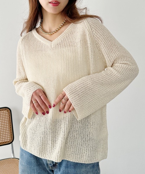 un+frame(アンフレーム)の「vneck knits tops/Vネッククロシェニットトップス(Tシャツ/カットソー・レディース・アイボリー/ホワイト/ブラウン・FREE)」の16枚目の写真