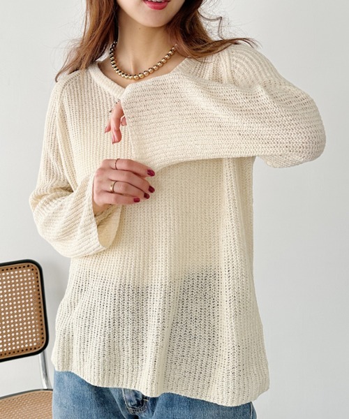 un+frame(アンフレーム)の「vneck knits tops/Vネッククロシェニットトップス(Tシャツ/カットソー・レディース・アイボリー/ホワイト/ブラウン・FREE)」の17枚目の写真