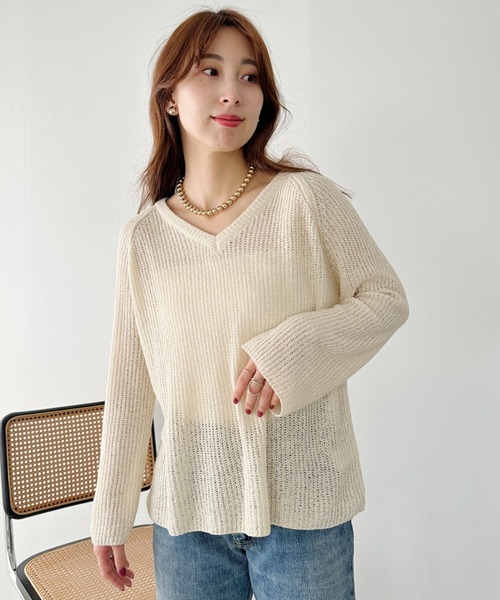 un+frame(アンフレーム)の「vneck knits tops/Vネッククロシェニットトップス(Tシャツ/カットソー・レディース・アイボリー/ホワイト/ブラウン・FREE)」の20枚目の写真