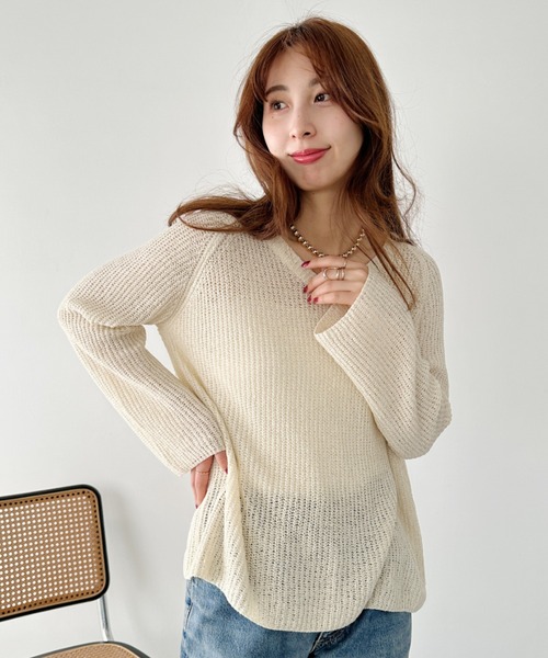 un+frame(アンフレーム)の「vneck knits tops/Vネッククロシェニットトップス(Tシャツ/カットソー・レディース・アイボリー/ホワイト/ブラウン・FREE)」の21枚目の写真