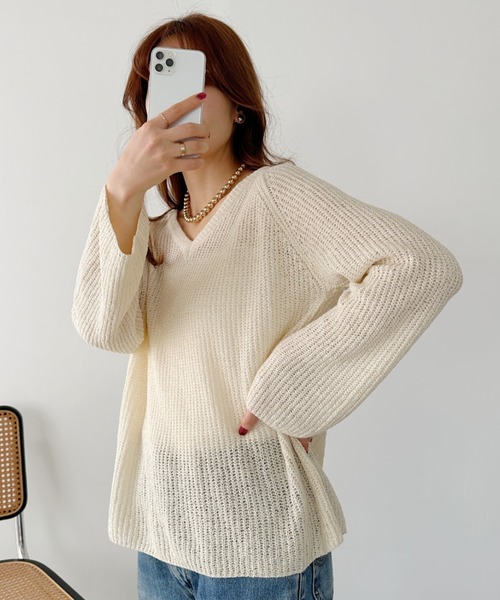 un+frame(アンフレーム)の「vneck knits tops/Vネッククロシェニットトップス(Tシャツ/カットソー・レディース・アイボリー/ホワイト/ブラウン・FREE)」の19枚目の写真