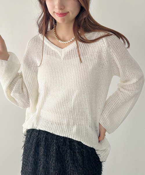 un+frame(アンフレーム)の「vneck knits tops/Vネッククロシェニットトップス(Tシャツ/カットソー・レディース・アイボリー/ホワイト/ブラウン・FREE)」の5枚目の写真