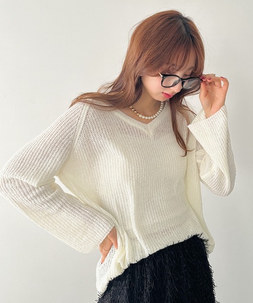 un+frame(アンフレーム)の「vneck knits tops/Vネッククロシェニットトップス(Tシャツ/カットソー・レディース・アイボリー/ホワイト/ブラウン・FREE)」の10枚目の写真