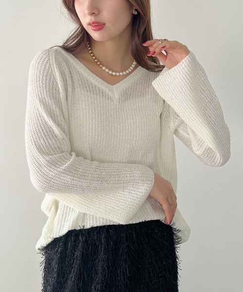 un+frame(アンフレーム)の「vneck knits tops/Vネッククロシェニットトップス(Tシャツ/カットソー・レディース・アイボリー/ホワイト/ブラウン・FREE)」の8枚目の写真
