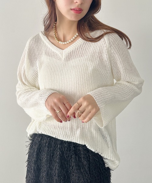 un+frame(アンフレーム)の「vneck knits tops/Vネッククロシェニットトップス(Tシャツ/カットソー・レディース・アイボリー/ホワイト/ブラウン・FREE)」の7枚目の写真