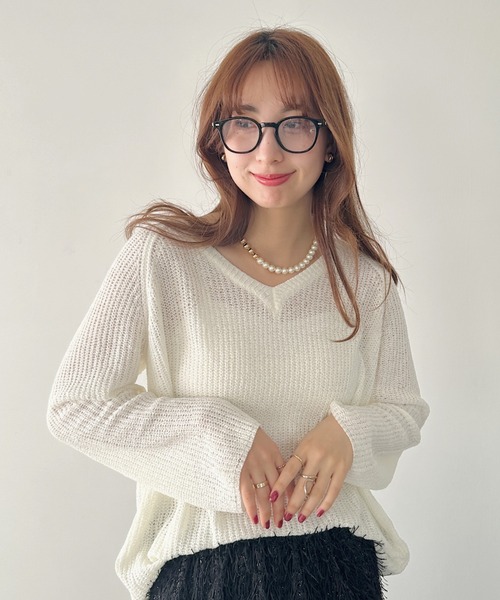 un+frame(アンフレーム)の「vneck knits tops/Vネッククロシェニットトップス(Tシャツ/カットソー・レディース・アイボリー/ホワイト/ブラウン・FREE)」の9枚目の写真