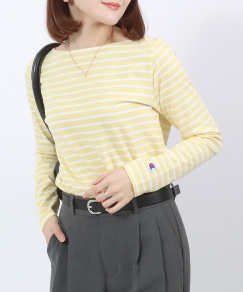 Champion(チャンピオン)の「Champion(チャンピオン)ボートネックボーダーロングスリーブTシャツ /長袖プルオーバートップス レディース(Tシャツ/カットソー・レディース・ホワイト/ネイビー/ライトブルー/ブラウン/レッド系その他/イエロー系その他・M/L)」の5枚目の写真