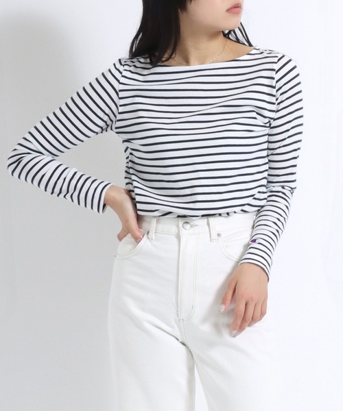 Champion(チャンピオン)の「Champion(チャンピオン)ボートネックボーダーロングスリーブTシャツ /長袖プルオーバートップス レディース(Tシャツ/カットソー・レディース・ホワイト/ネイビー/ライトブルー/ブラウン/レッド系その他/イエロー系その他・M/L)」の9枚目の写真
