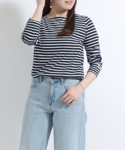 Champion(チャンピオン)の「Champion(チャンピオン)ボートネックボーダーロングスリーブTシャツ /長袖プルオーバートップス レディース(Tシャツ/カットソー・レディース・ホワイト/ネイビー/ライトブルー/ブラウン/レッド系その他/イエロー系その他・M/L)」の19枚目の写真