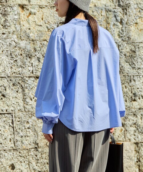 ★美品★ nagonstans ボリュームスリーブシャツ ブルー 青 サックス セール】限定展開 ショート ボリューム ロングスリーブシャツ（シャツ