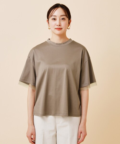 UNTITLED（アンタイトル）の「◆【汗ジミ目立ちにくい／５分袖／ゆったりシルエット】チュールドッキング プルオーバー（Tシャツ/カットソー・レディース・ライトグレー/グリーン/ブラック/カーキ・00/02/04/44/48/50）」の6枚目の写真