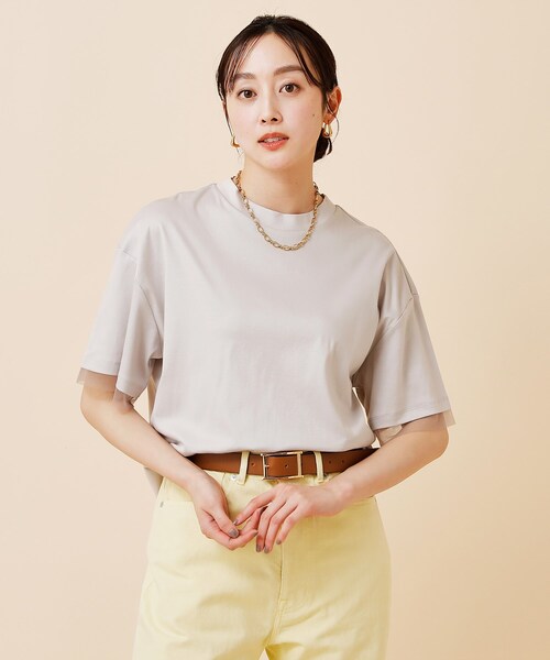 UNTITLED（アンタイトル）の「◆【汗ジミ目立ちにくい／５分袖／ゆったりシルエット】チュールドッキング プルオーバー（Tシャツ/カットソー・レディース・ライトグレー/グリーン/ブラック/カーキ・00/02/04/44/48/50）」の12枚目の写真