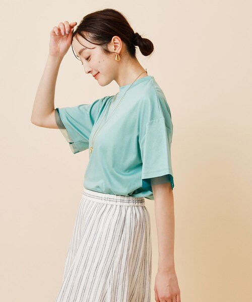 UNTITLED（アンタイトル）の「◆【汗ジミ目立ちにくい／５分袖／ゆったりシルエット】チュールドッキング プルオーバー（Tシャツ/カットソー・レディース・ライトグレー/グリーン/ブラック/カーキ・00/02/04/44/48/50）」の20枚目の写真