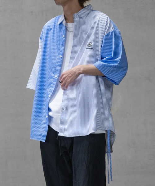 JOHN'S CLOSET(ジョンズクローゼット)の「【a】サイドシャーリング フラワーエンブロイダリー ルーズサイズ ブロードストライプ 半袖シャツ(シャツ/ブラウス・メンズ・ホワイト/ブルー/その他・MEDIUM/LARGE)」の3枚目の写真