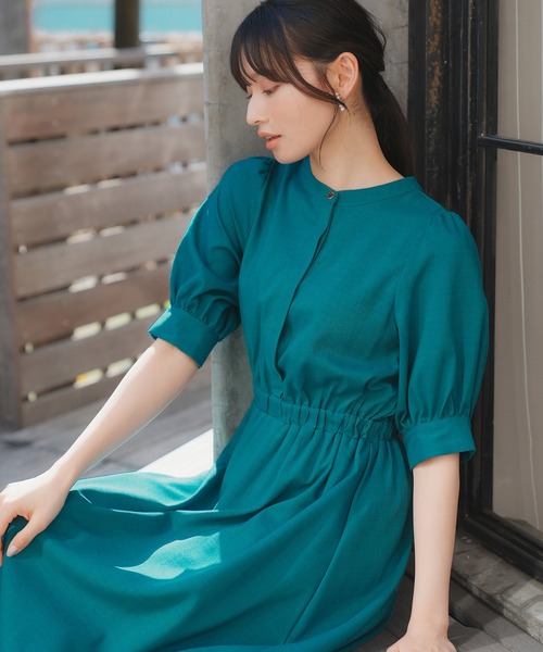 TRUDEA(トルディア)の「リネンライクバンドカラーワンピース(ワンピース・レディース・チャコールグレー/グリーン/ネイビー・MEDIUM/LARGE)」の3枚目の写真