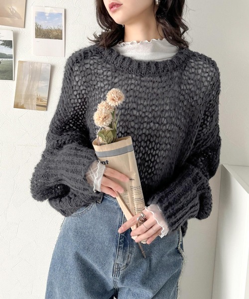 セール】ガーリーな抜け感。前後2way度甘メッシュニット