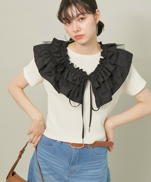 ROPE' PICNIC（ロペピクニック）の「ラメチュールドッキングフリルビスチェ/リンクコーデ（マフラー・レディース・ホワイト/ブラック・38）」の15枚目の写真