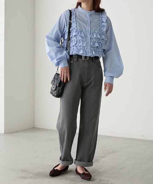 フリルビスチェドッキング風ボリュームスリーブ長袖ブラウス（シャツ