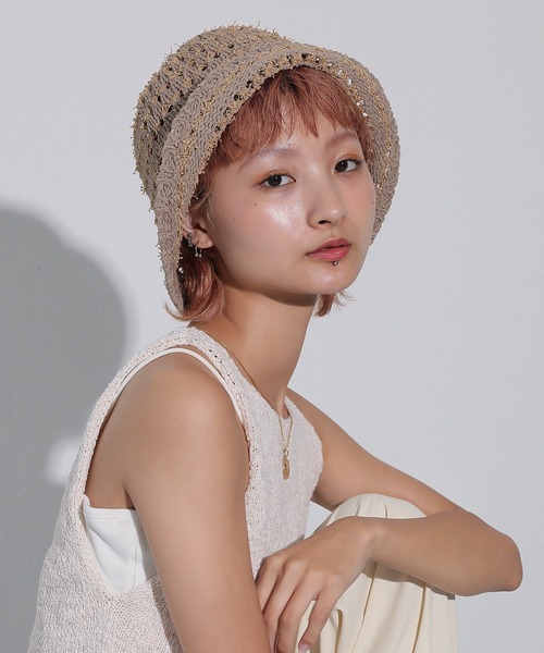 Monocoro toppi(モノコロトッピ)の「手編み ストライプ バケット ハット(ハット・レディース・ベージュ系2/ブラック/ベージュ・フリー)」の13枚目の写真