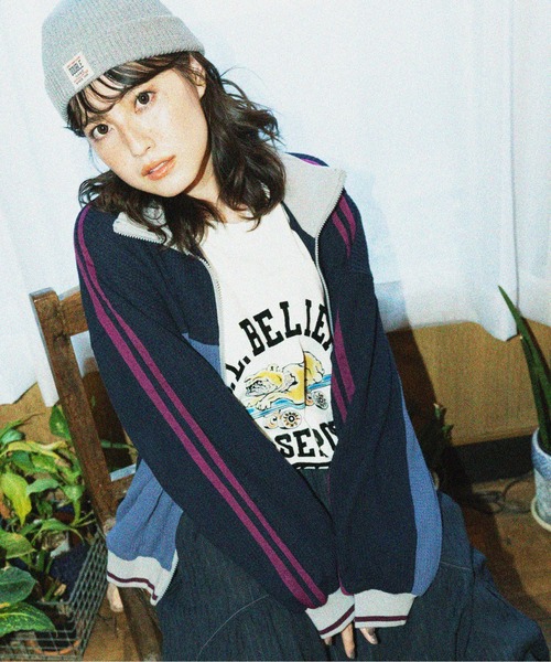 DOUBLE NAME(ダブルネーム)の「配色切り替えワッフルトラックジャケット/ユニセックス(セットアップ・レディース・ネイビー/ベージュ・FREE)」の3枚目の写真