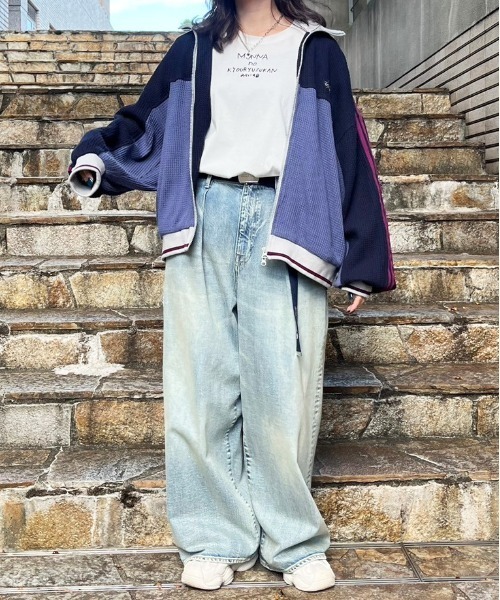 DOUBLE NAME(ダブルネーム)の「配色切り替えワッフルトラックジャケット/ユニセックス(セットアップ・レディース・ネイビー/ベージュ・FREE)」の7枚目の写真