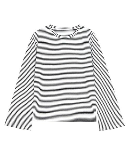Pierrot(ピエロ)の「【静電気防止】【フレア袖】クルーネック/フレア袖 デザインカットソー(Tシャツ/カットソー・レディース・オフホワイト/ホワイト×ブラック/アイボリー/ブラック・L/M)」の1枚目の写真