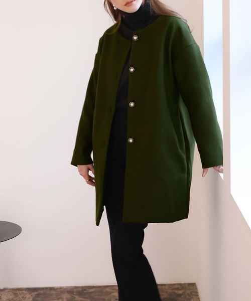 Doula Doula(ドゥーラドゥーラ)の「ノーカラーミドル丈コート(ノーカラージャケット・レディース・パープル/モカ/カーキ/グレー/ブラウン/ブラック/ベージュ・L/M)」の18枚目の写真