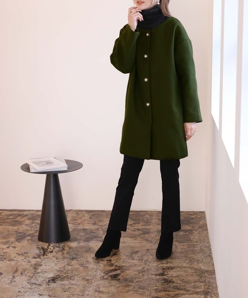 セール】ノーカラーミドル丈コート（ノーカラージャケット）｜Doula