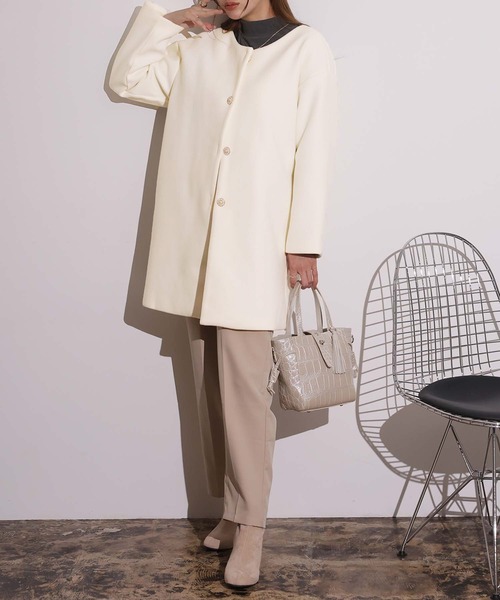 セール】ノーカラーミドル丈コート（ノーカラージャケット）｜Doula