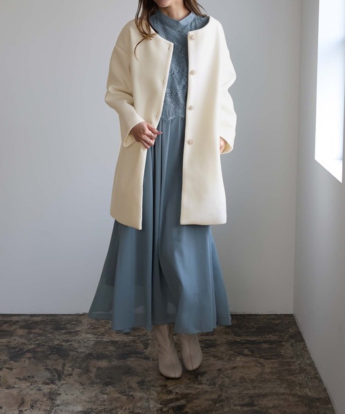 セール】ノーカラーミドル丈コート（ノーカラージャケット）｜Doula