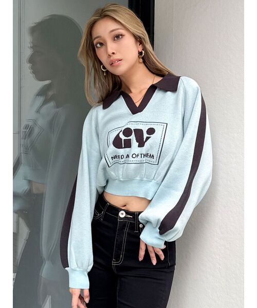 GYDA(ジェイダ)の「round GY BICOLOR POLOニットトップス(ニット/セーター・レディース・オフホワイト/ブラック/スカイブルー・FREE)」の1枚目の写真