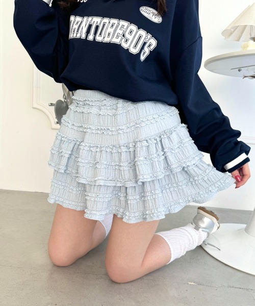 Loueme（ルエム）の「【5色展開】ホイップレースフリルミニスカパン（スカート・レディース・アイボリー/ピンク/ブラック/ホワイト/ライトブルー・FREE）」の4枚目の写真