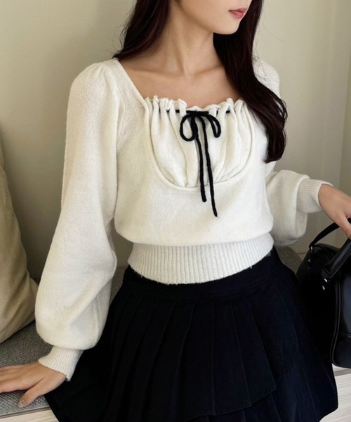 one after another NICE CLAUP(ワンアフターアナザーナイスクラップ)の「レイヤードドッキングニット(ニット/セーター・レディース・ブラック/杢グレー/オフホワイト/ピンク・FREE)」の2枚目の写真