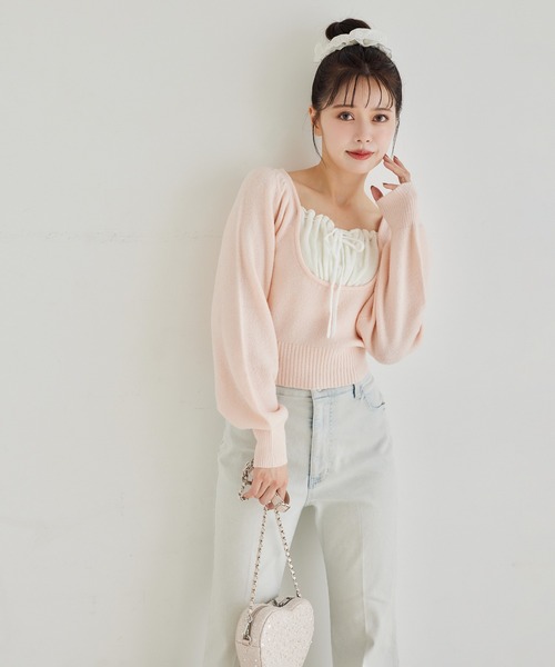 one after another NICE CLAUP(ワンアフターアナザーナイスクラップ)の「レイヤードドッキングニット(ニット/セーター・レディース・ブラック/杢グレー/オフホワイト/ピンク・FREE)」の13枚目の写真